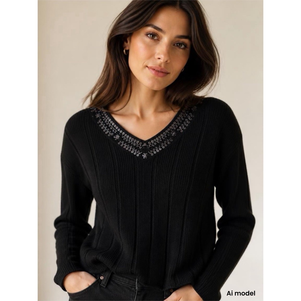 Quacker Factory Sweater Womens L Black‎ Sequin V-Neck Beaded Ribbed Knit Sparkle